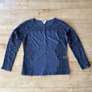 Sundance Navy Floral Crochet Lace Long Sleeve Top Womens PS Petite Boho Indie